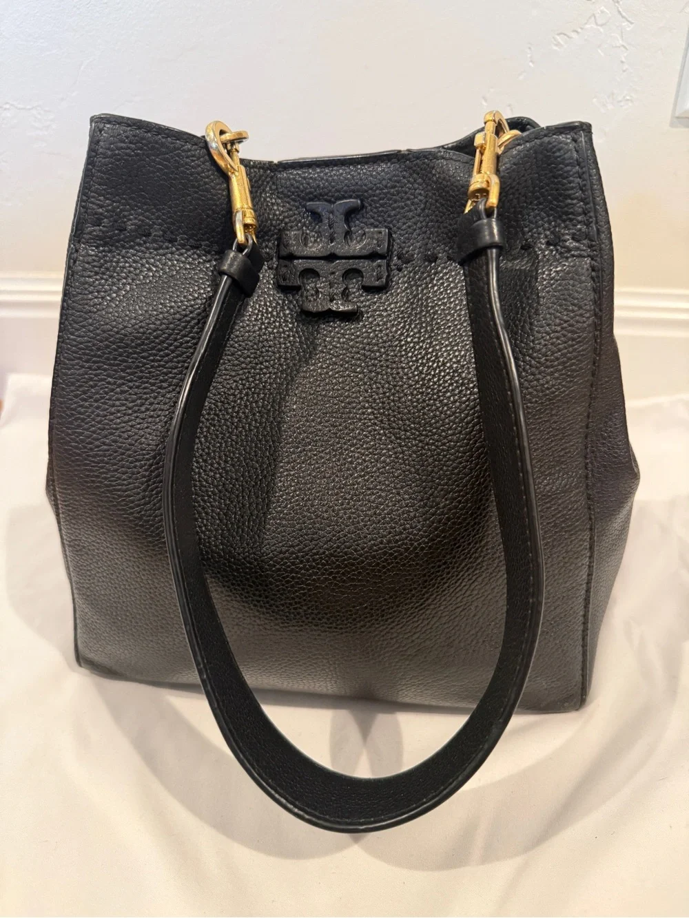 Tory Burch Black Pebbled Leather McGraw Bucket Bag